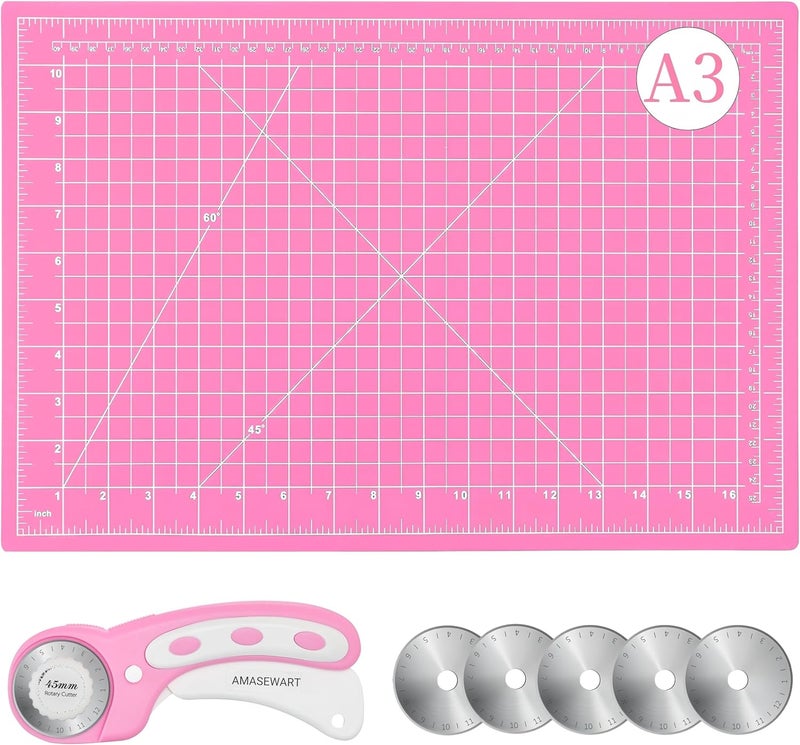AMASEWART 45mm Rotary Cutter and Mat Set, Fabric Cutter Wheel and 12x18 Inch Self Healing Sewing Cutting Mat, Fabric Rotary Cutter with 5pcs Rotary Blades for Quilting Patchworking Crafts, Pink - Image 1